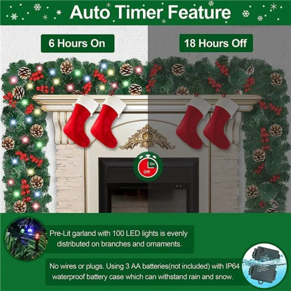 9Ft Christmas Garland w/ 100 LED Lights Pre-Lit Xmas Garland for Indoor Outdoor